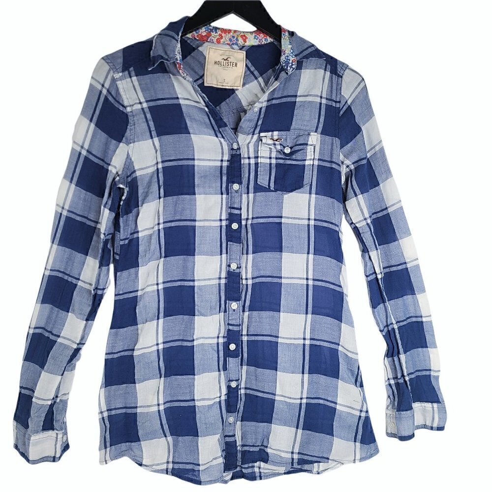 Hollister Navy White Plaid Long Sleeve Shirt